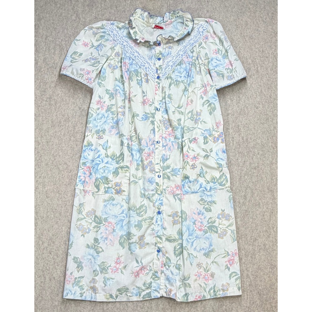 Vintage Housecoat Womens M Grandmacore Smart Time Blue Pink Floral Cottagecore